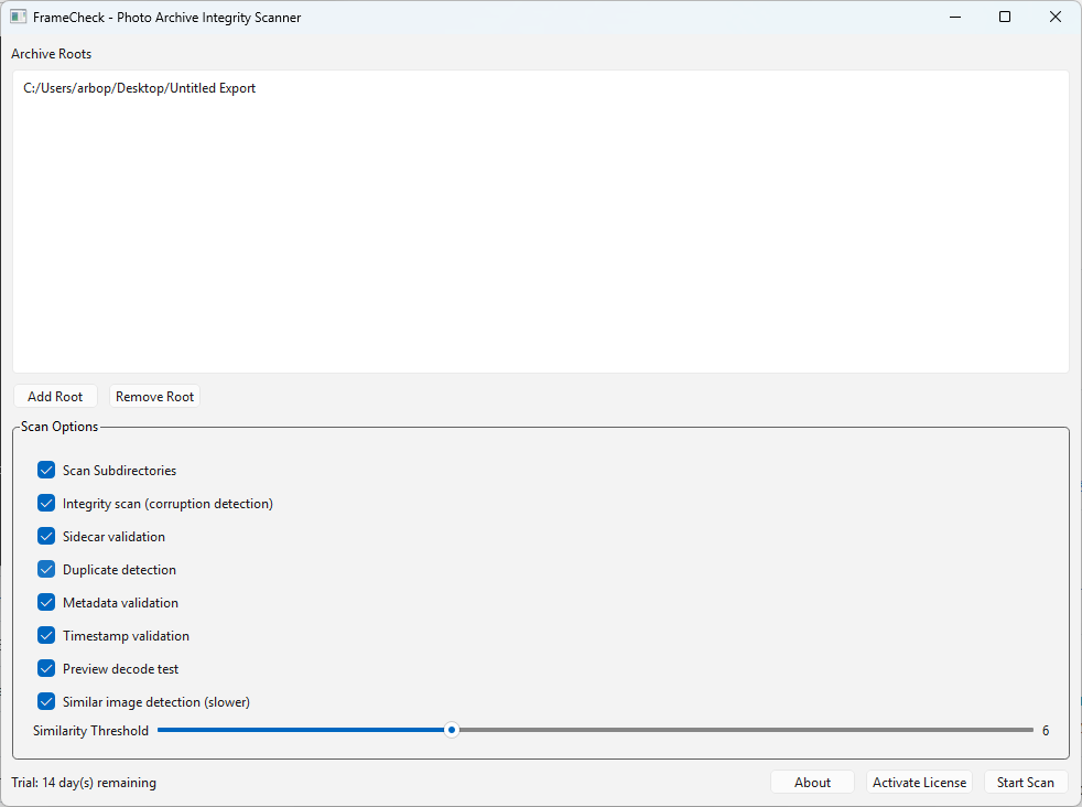 FrameCheck main window showing archive roots and scan options.