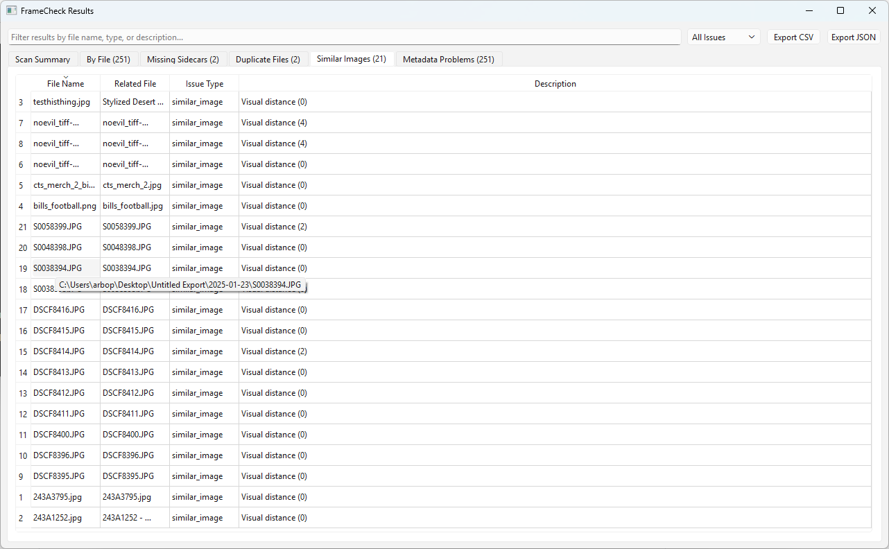 FrameCheck similar images tab showing visual distance and full path tooltip.